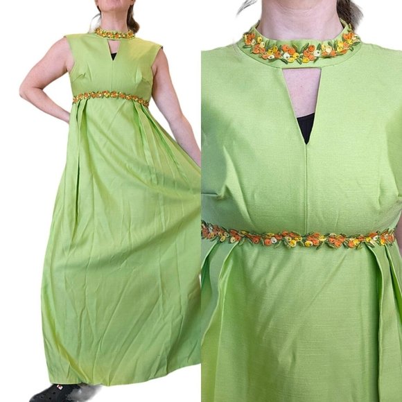 Vintage 60s XS/S Lime Green Sleeveless Long Maxi Dress Raw Silk‎ Retro Hostess - Picture 1 of 15